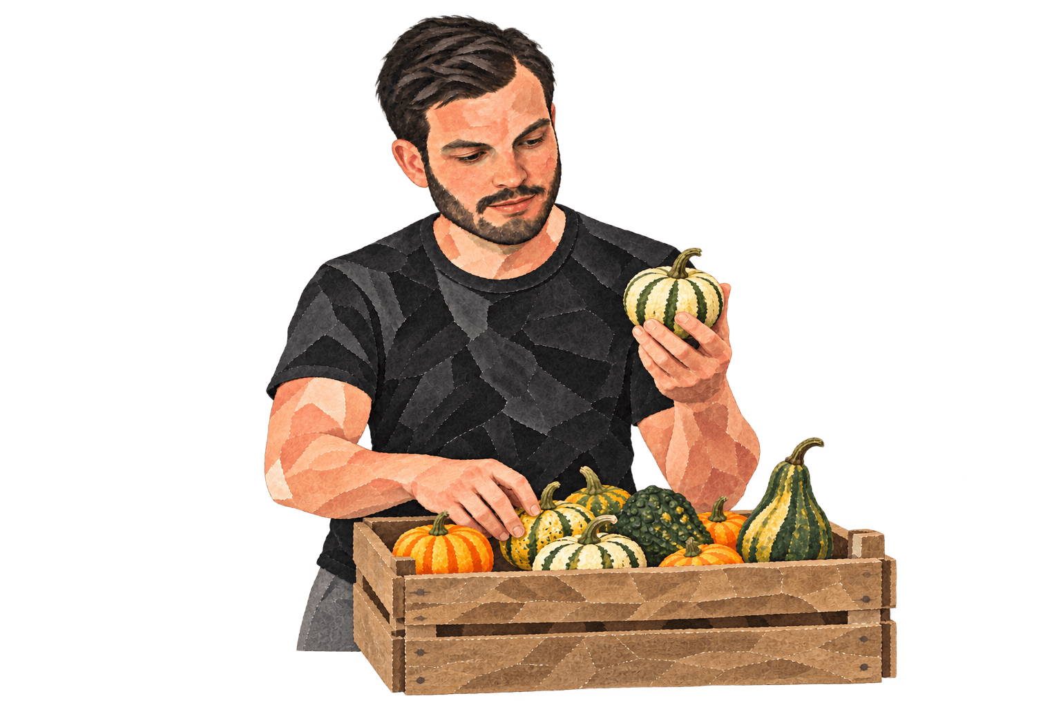 Gijs Heerkens con una caja de calabazas decorativas, en referencia a su primer negocio